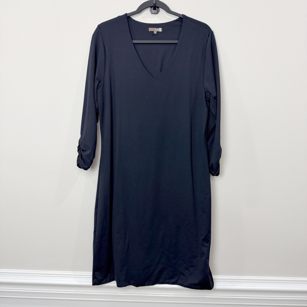 Judy P Womens XL Dress Black V-Neck Ruched 3/4 Sleeve Microfiber Stretch LBD